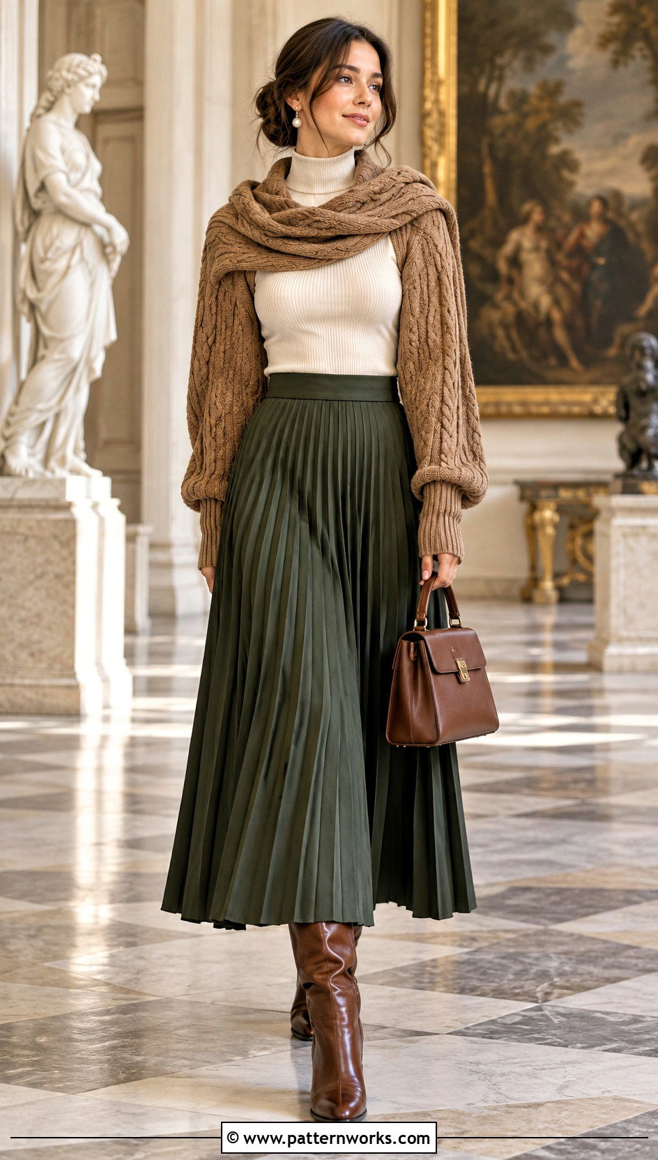 Cable Crochet Sweater Scarf With Sleeves And Pleated Skirt - 24 crochet sweater scarf with sleeves outfit ideas