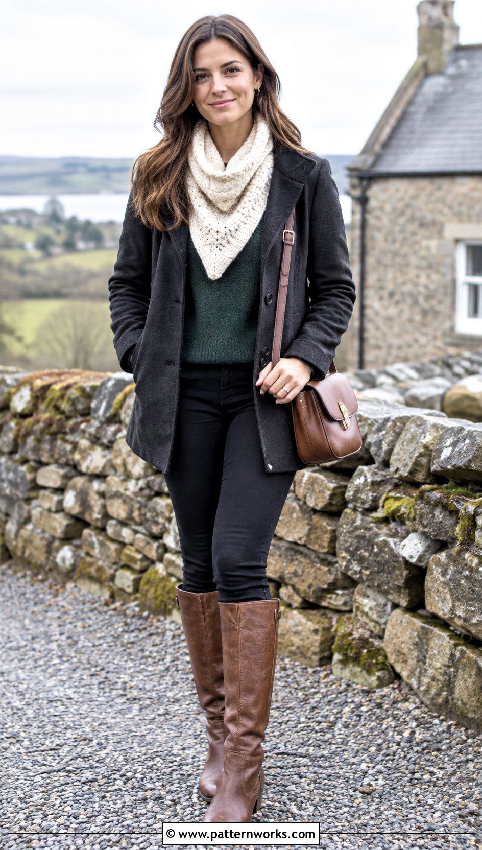 Cable Crochet Triangle Cowl With Riding Boots - 24 crochet triangle cowl outfit ideas