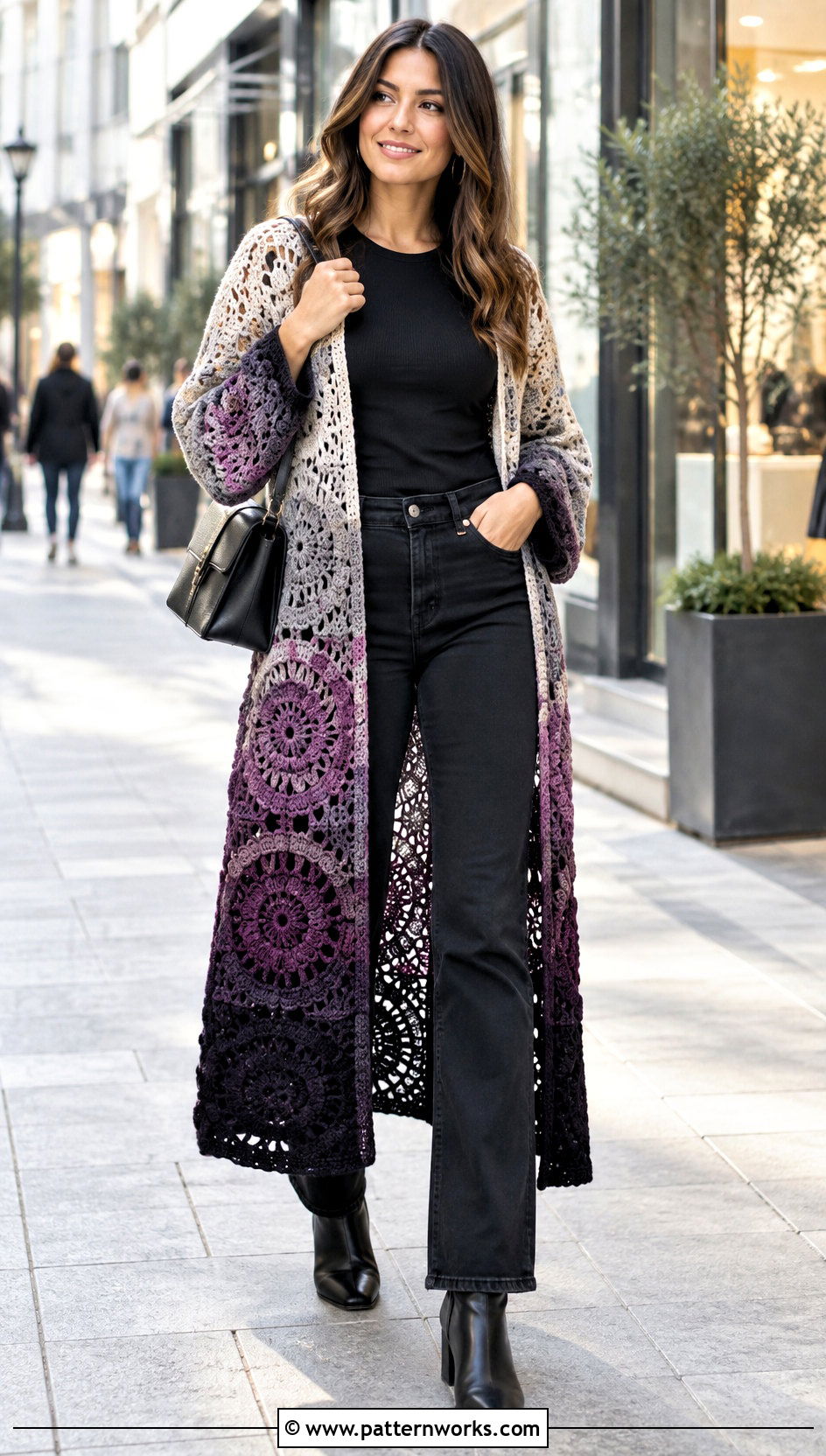 Cardigan Mandala Ombre Crochet Sweater With Black Jeans - 18 mandala ombre crochet sweater outfit ideas