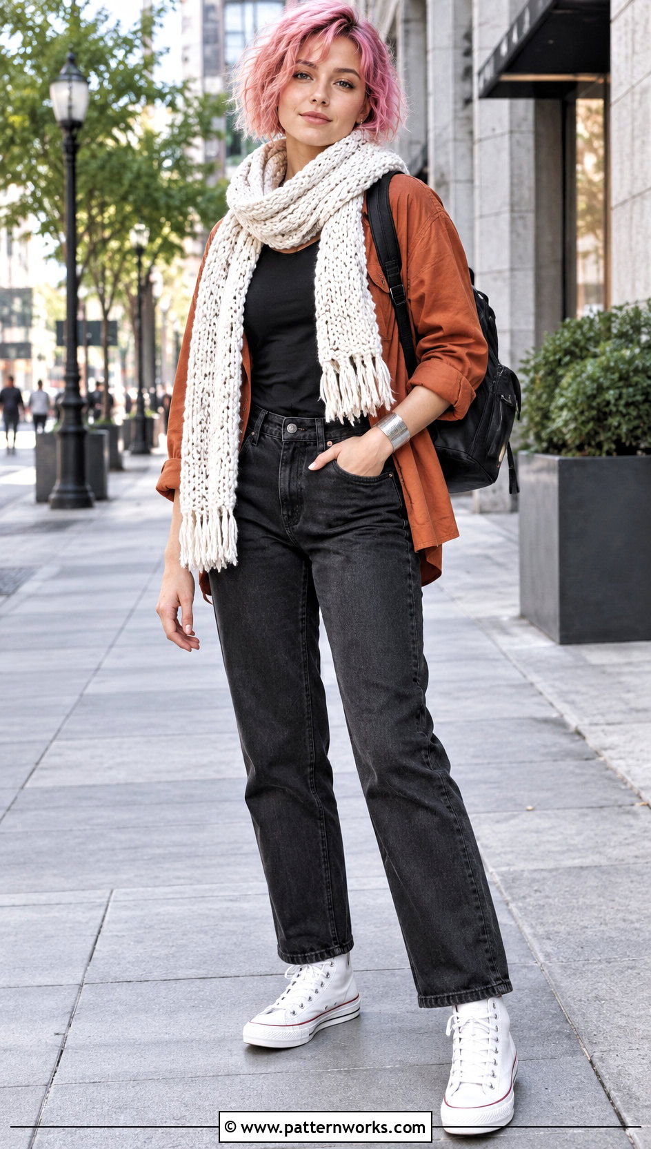 Casual Crochet Natsu Scarf With Black Jeans - 18 Crochet Natsu Scarf outfit ideas