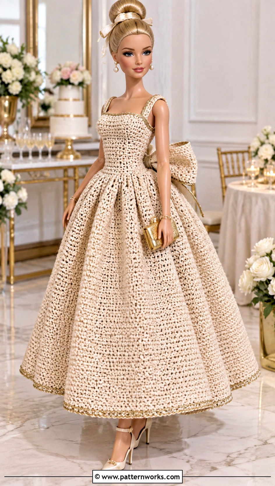 Champagne Bow Crochet Barbie Ball Gown Outfit - 30 crochet barbie ball gowns outfit ideas