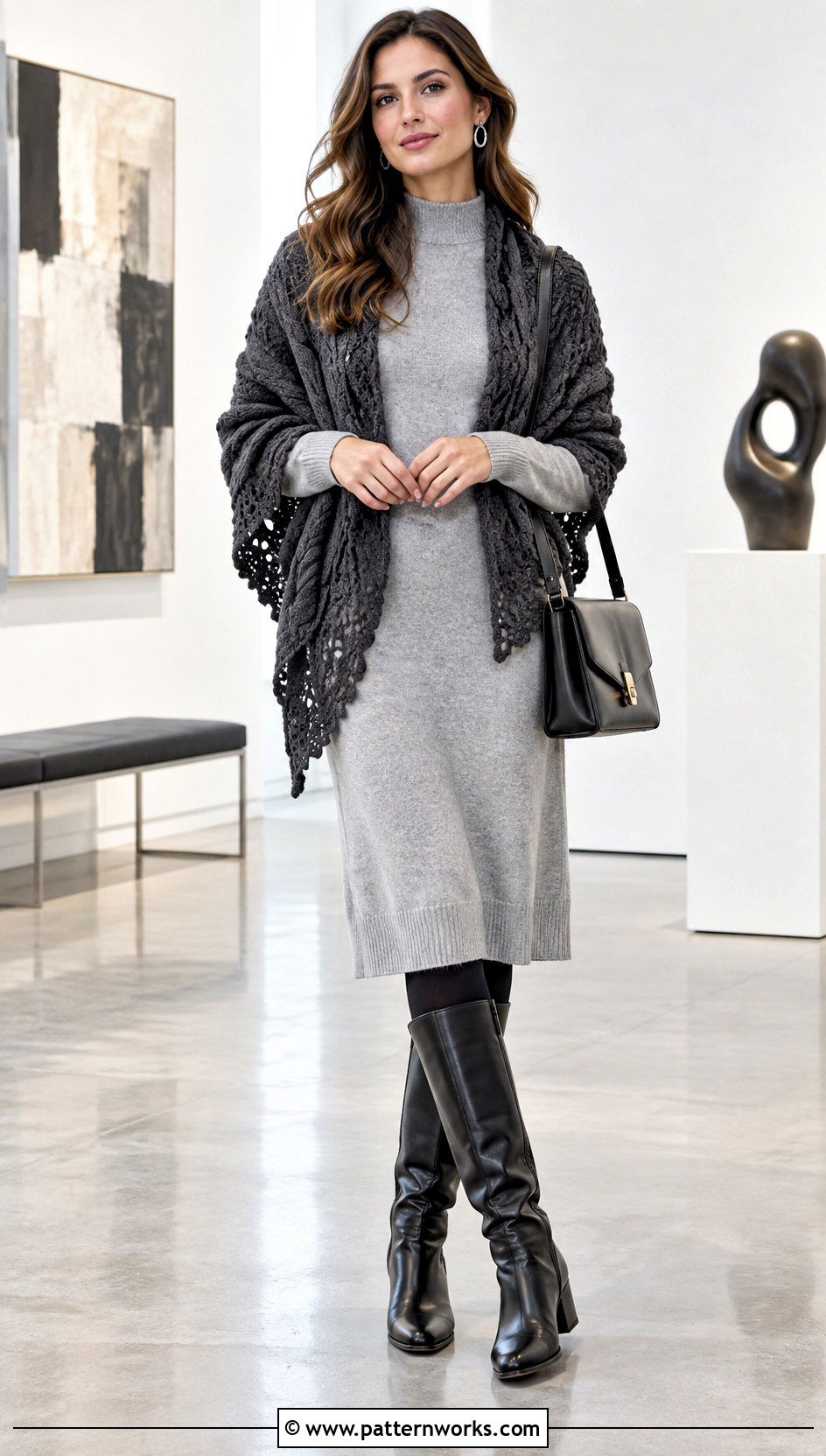 Charcoal Crochet Cable Shawl Outfit With Sweater Dress - 18 Crochet Cable Shawl outfit ideas