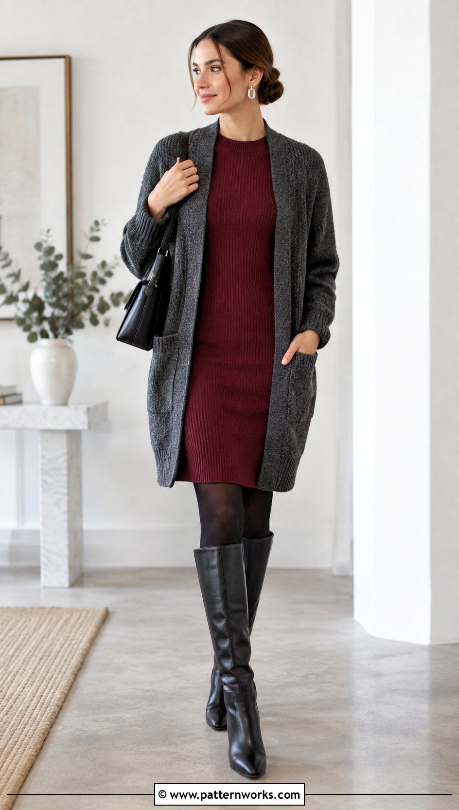 Charcoal Crochet Cardigan With Sweater Dress - 18 Crochet Cardigan Fall Fashion and outfit ideas