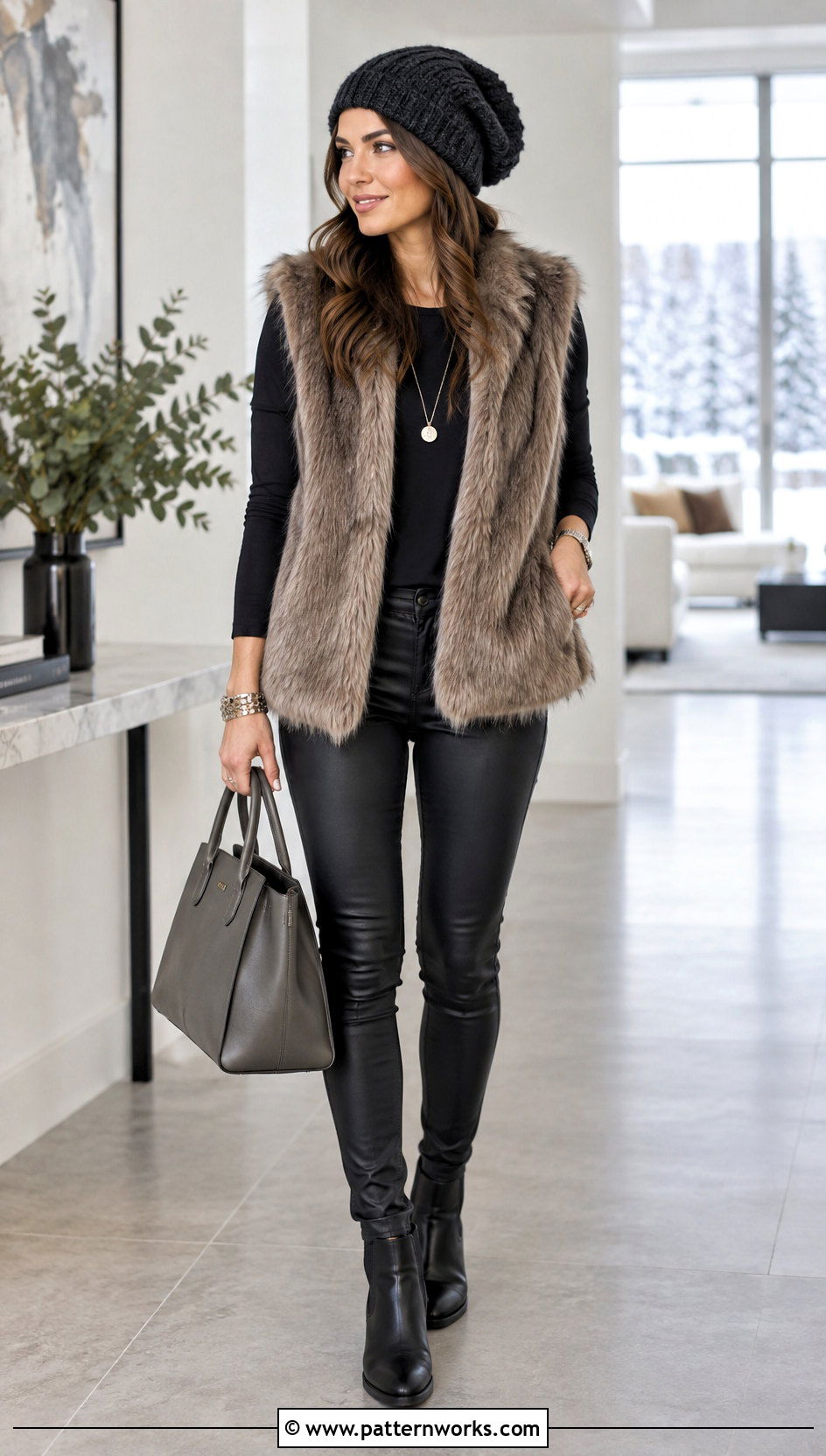 Charcoal Crochet Slouchy Beanie Outfit With Faux Fur Vest - 30 crochet slouchy beanie outfit ideas