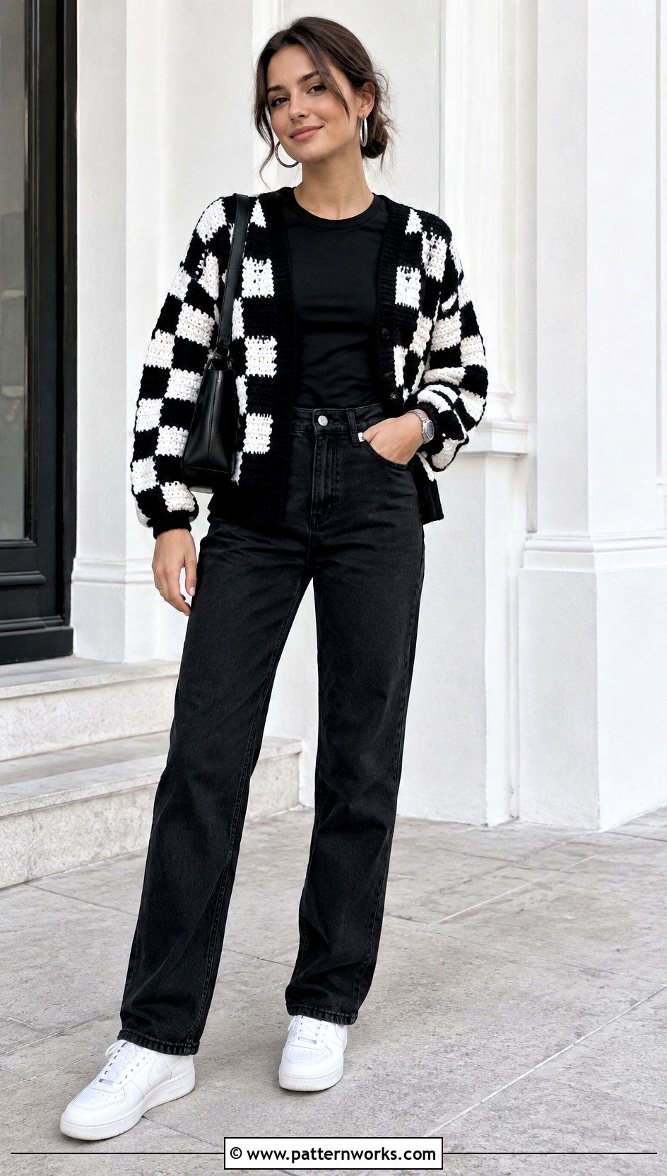 Checkerboard Crochet Cardigan With Black Jeans - 24 Crochet Cardigan From Square outfit ideas