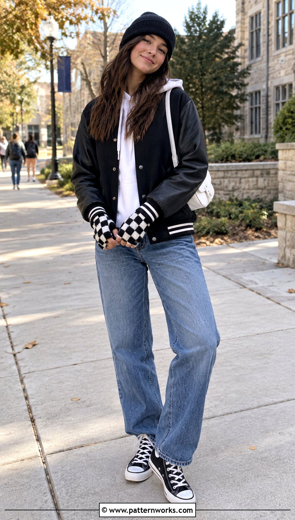 Checkerboard Crochet Mittens With Varsity Jacket - 24 Simple Crochet Mittens outfit ideas