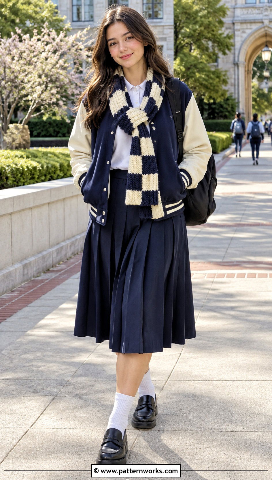 Checkerboard Puff Crochet Scarf With Varsity Jacket - 18 Playful Puffs Crochet Scarf outfit ideas