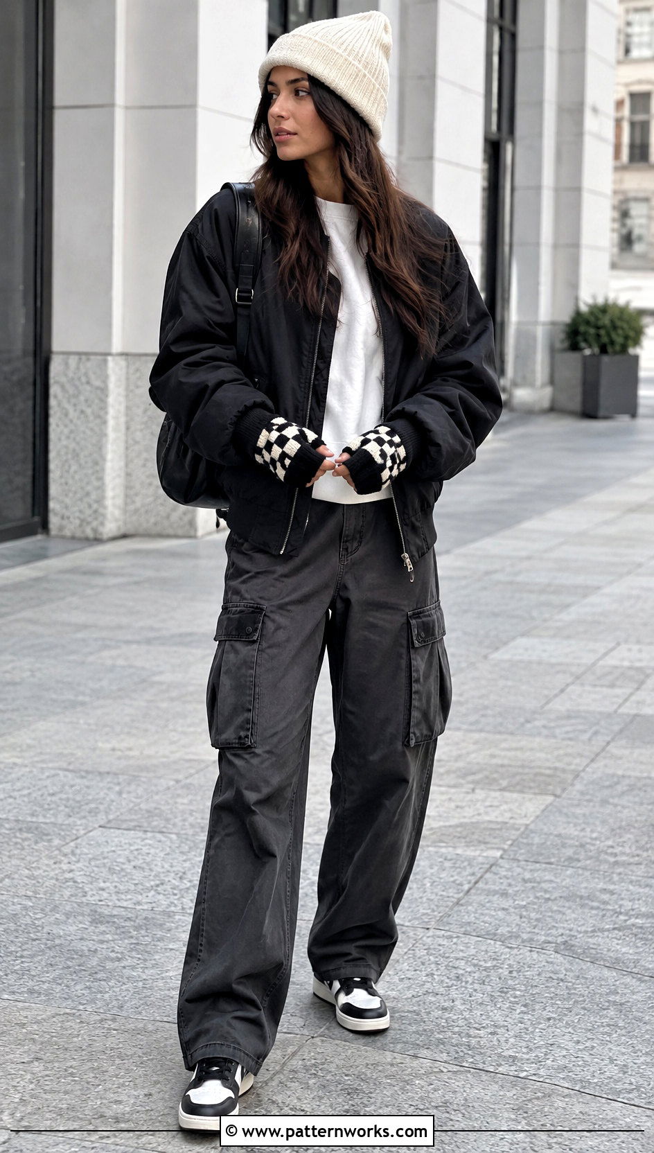 Checkered Crochet Half Gloves With Bomber Jacket - 24 crochet half gloves fingerless mitts outfit ideas