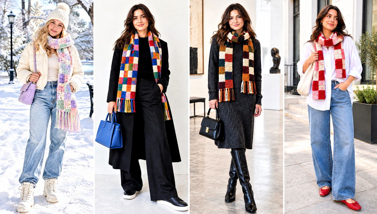 18 Checkered Crochet Scarf Outfit Ideas for Neutral Outfits