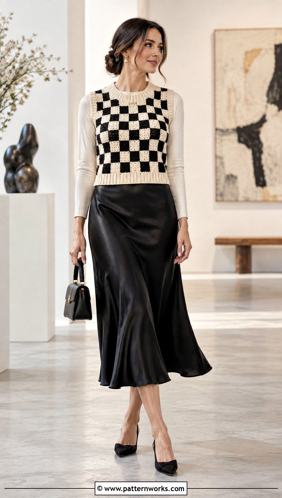 Checkered Crochet Sweater Vest With Satin Midi Skirt - 18 Checkered Crochet Sweater Vest outfit ideas