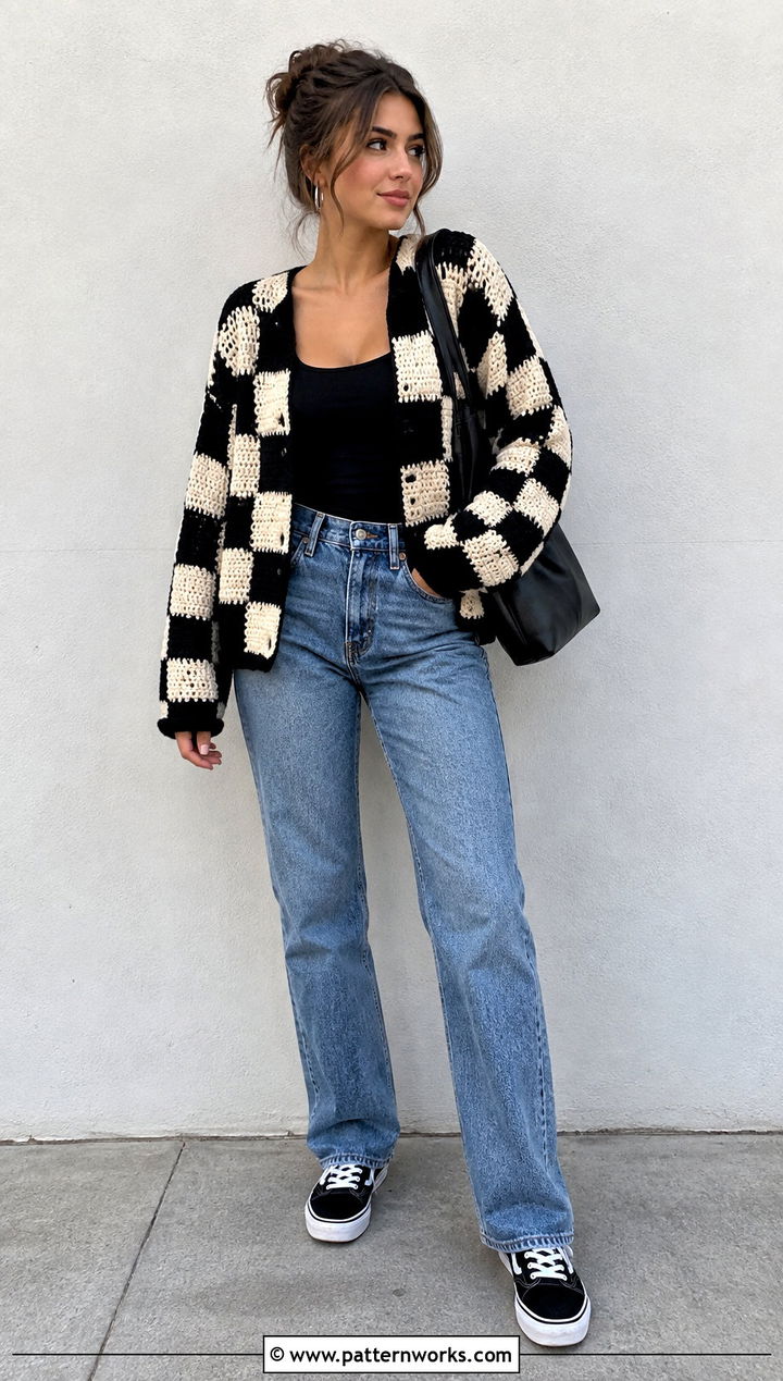 Checkered Crochet Sweater With Straight Jeans - 30 crochet sweater design outfit ideas