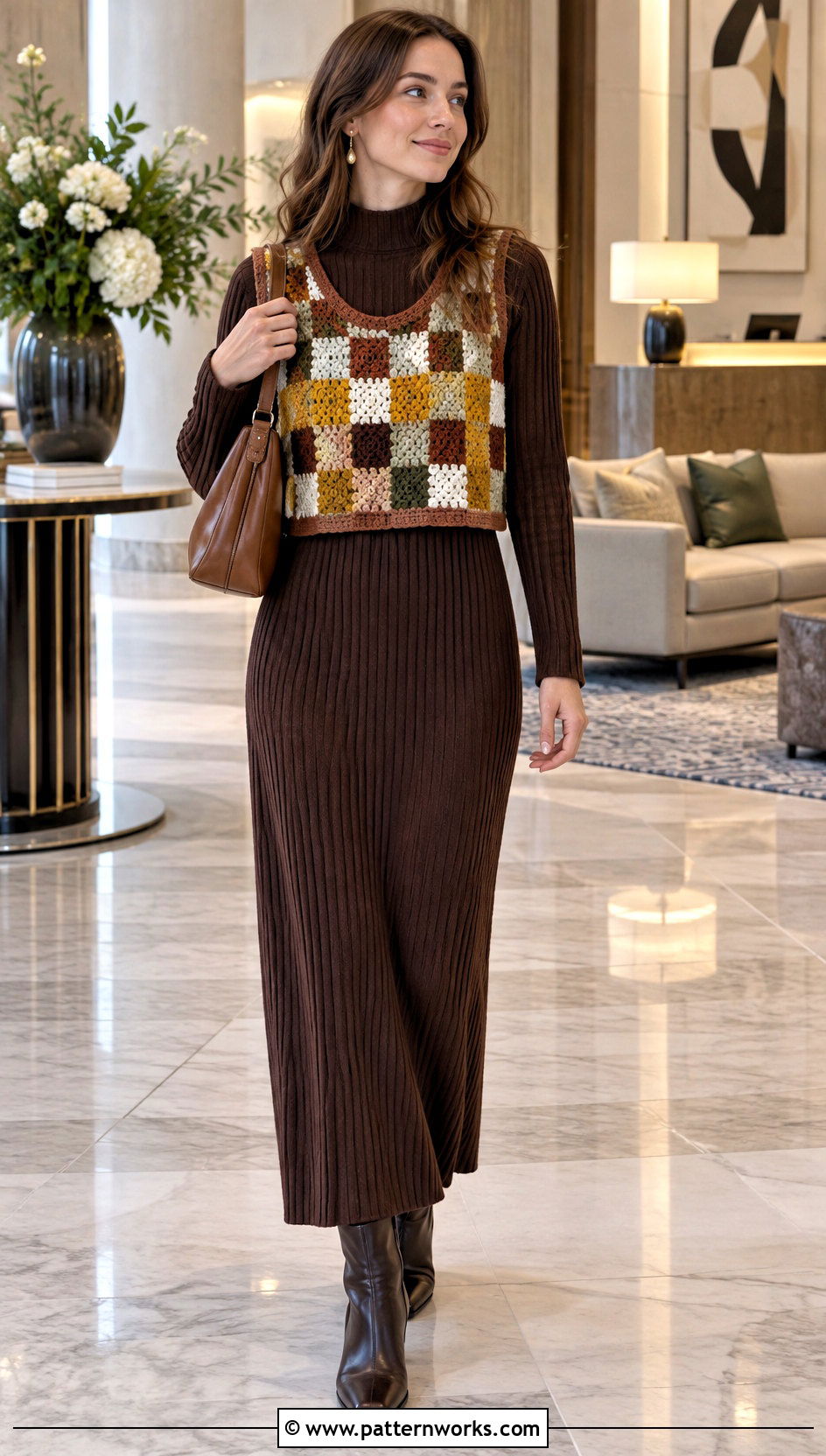 Checkered Crochet Vest Outfit With Long Sleeve Maxi Dress - 30 checkered crochet vest outfit ideas