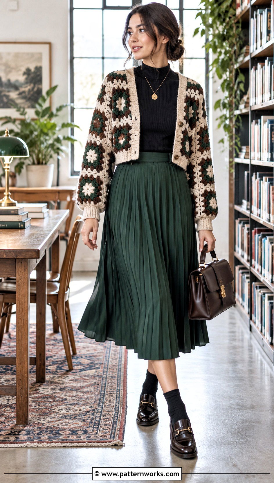 Checkered Granny Square Cardigan With Pleated Midi Skirt - 24 checkered granny square cardigan outfit ideas