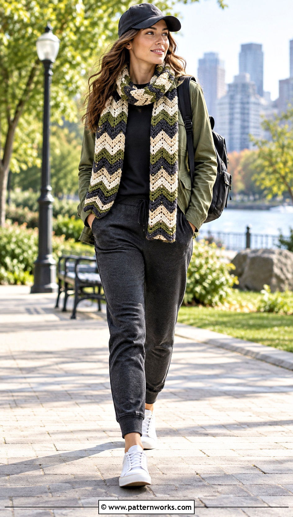 Chevron Crochet Scarf Outfit With Utility Jacket And Joggers - 30 easy one skein crochet scarf outfit ideas