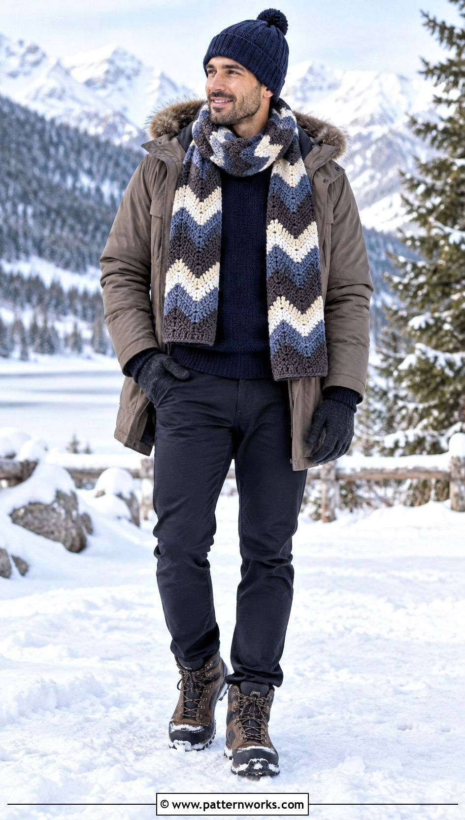 Chevron Crochet Scarf With Neutral Parka - 24 crochet scarf ideas for men