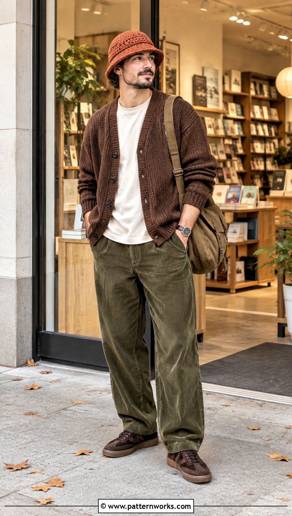 Chunky Crochet Bucket Hat With Cardigan And Corduroy Pants - 18 Crochet Mens Bucket Hat outfit ideas