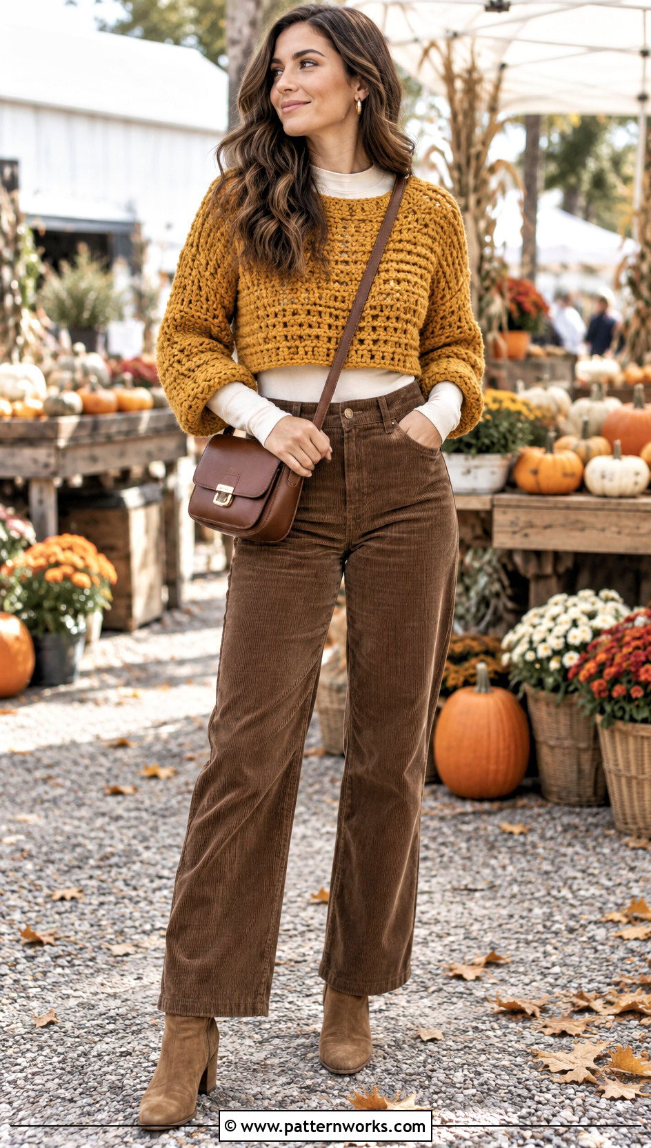 Chunky Crochet Crop Sweater With Corduroy Pants - 30 crochet crop sweater outfit ideas