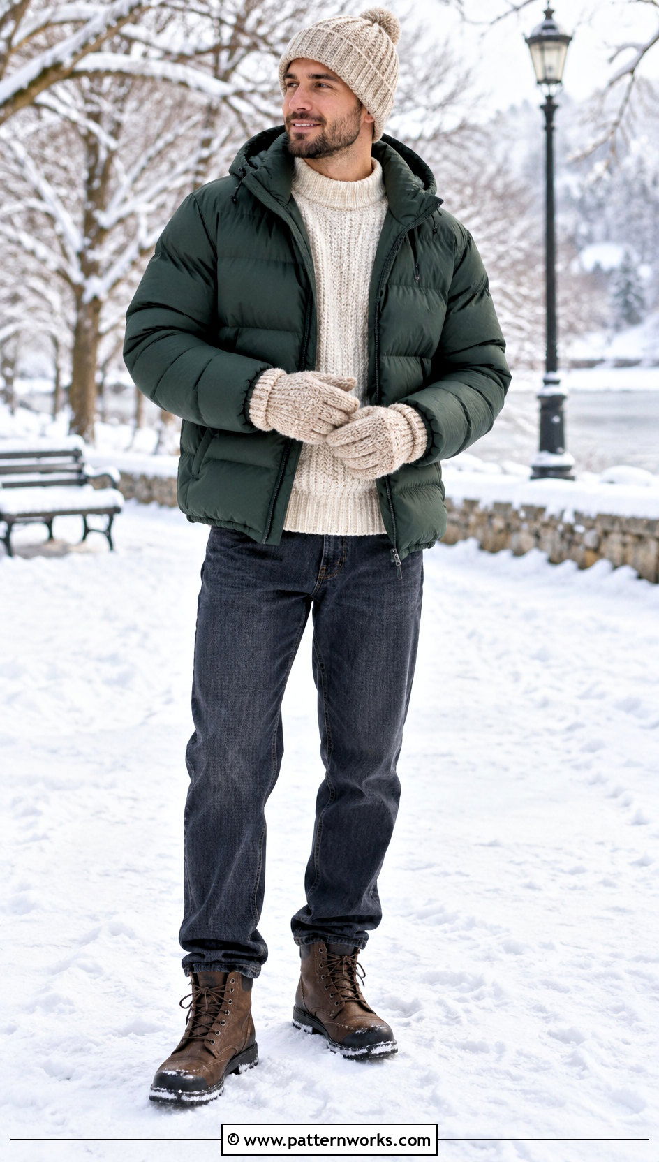 Chunky Crochet Gloves With Puffer Jacket - 24 Crochet Mens Gloves outfit ideas