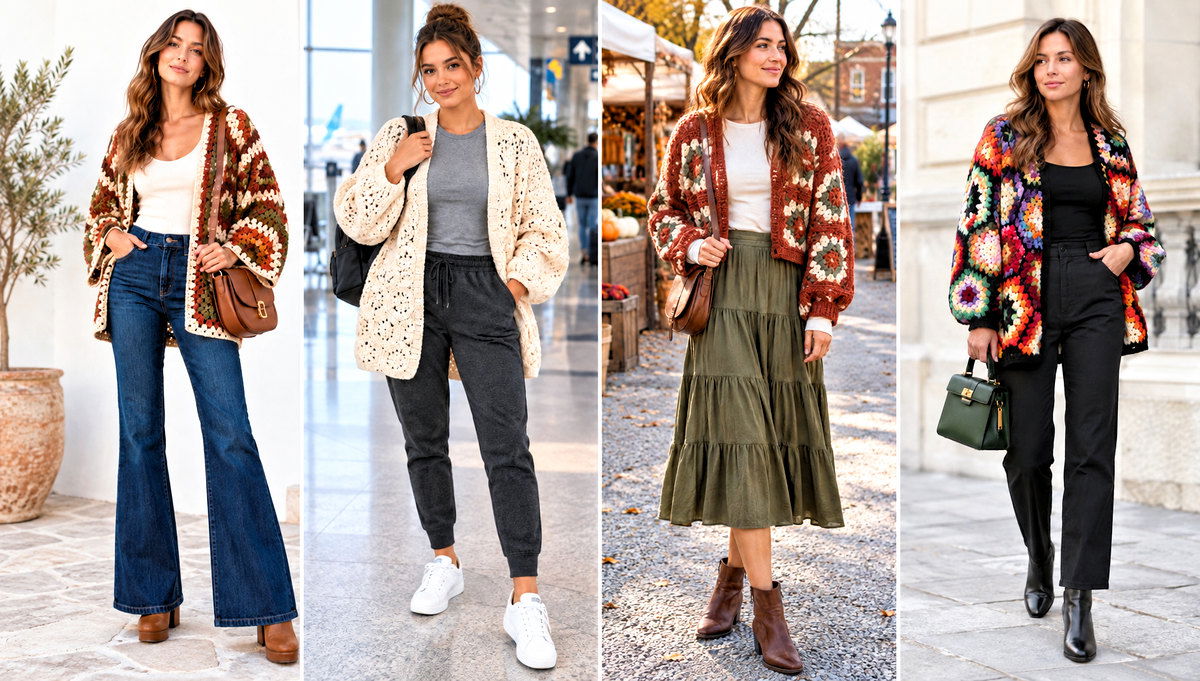 30 Chunky Crochet Hexagon Cardigan Outfit Ideas with Jeans
