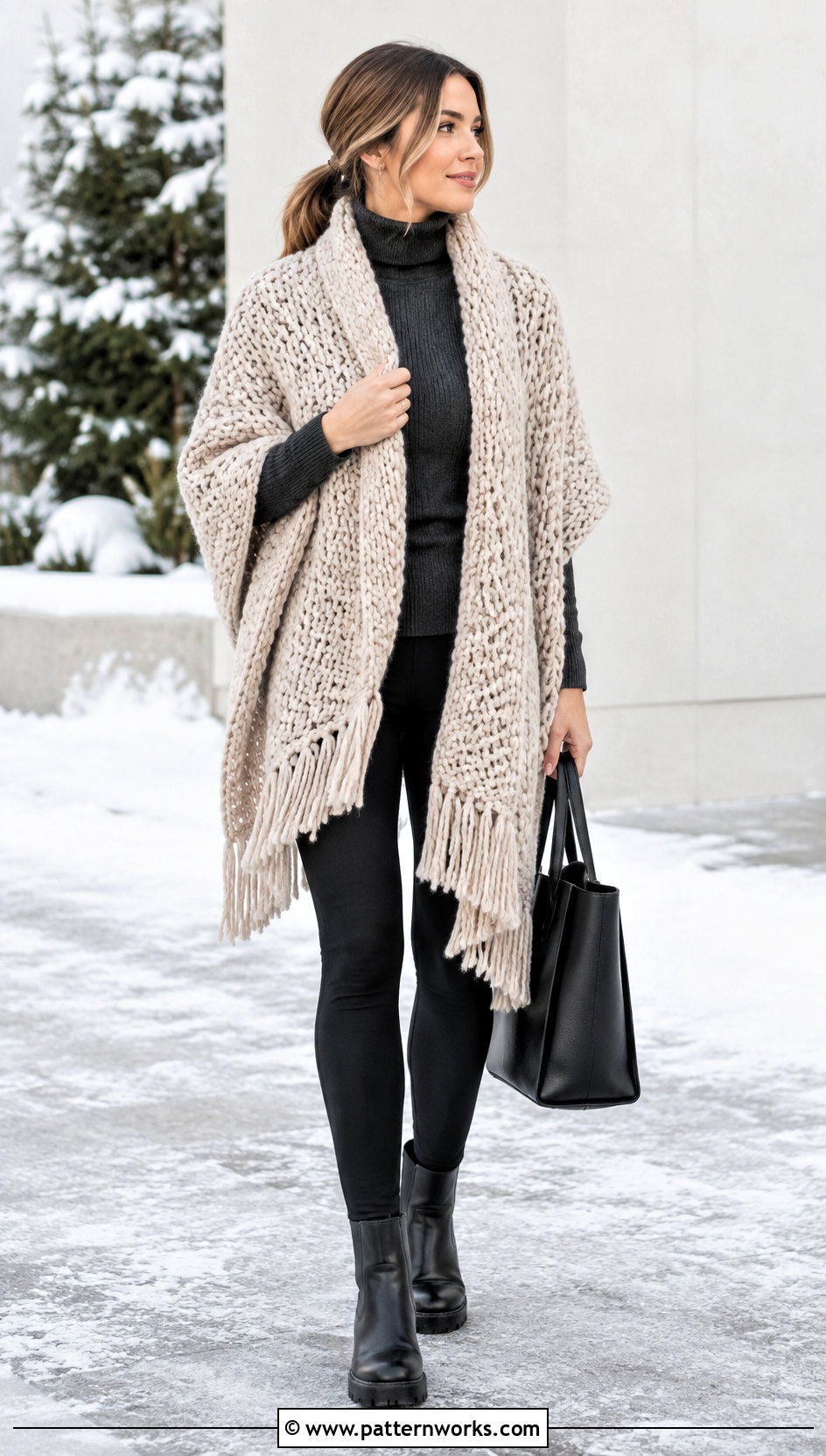 Chunky Crochet Mantle Scarf With Sweater And Leggings - 18 Crochet Mantle Scarf outfit ideas