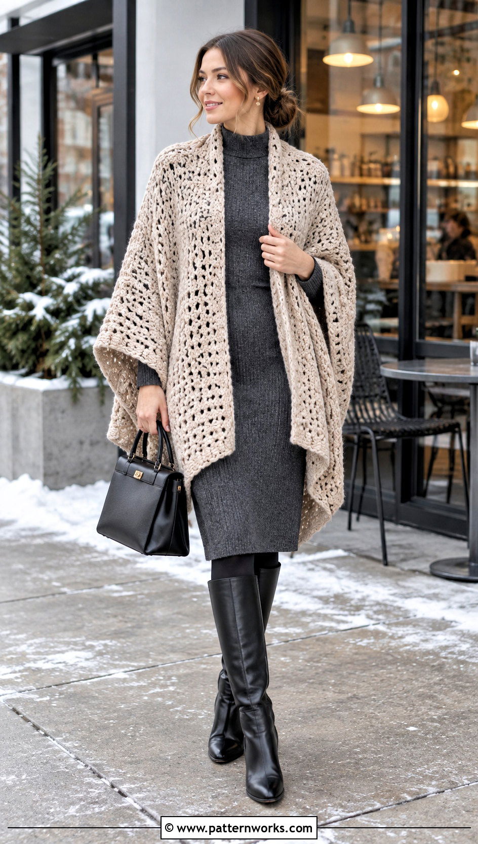 Chunky Crochet Ruana With Sweater Dress - 30 crochet ruana outfit ideas
