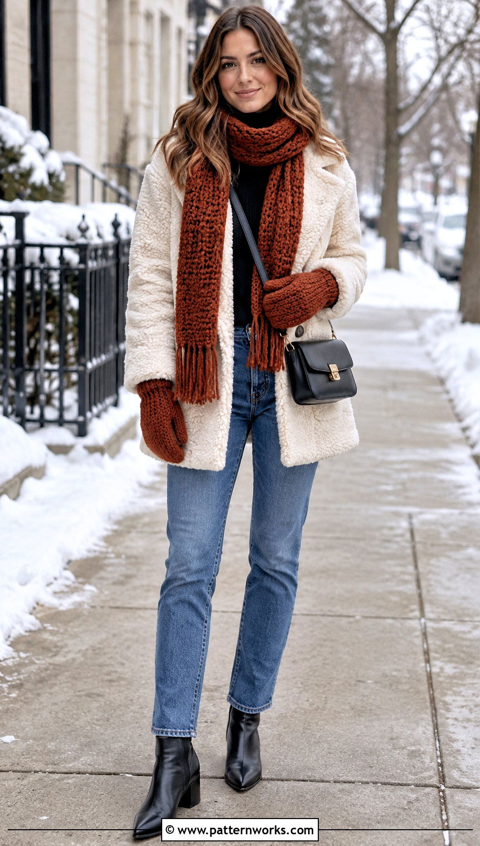 Chunky Crochet Scarf And Mittens Set With Teddy Coat - 18 Crochet Scarf And Mittens Set outfit ideas