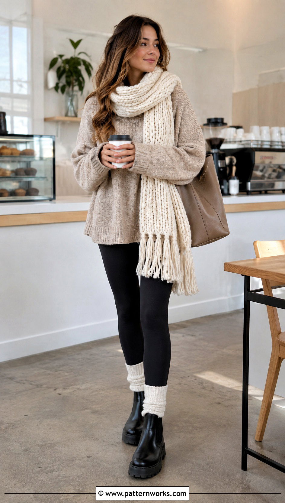 Chunky Crochet Scarf With Sweater And Leggings - 24 Quick And Easy Crochet Scarf outfit ideas