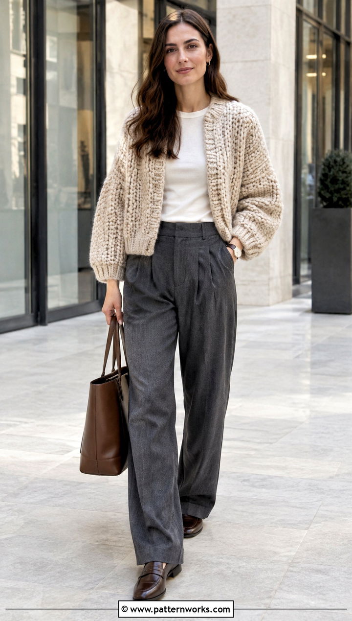 Chunky Crochet Sweater With Relaxed Trousers - 30 crochet sweater design outfit ideas