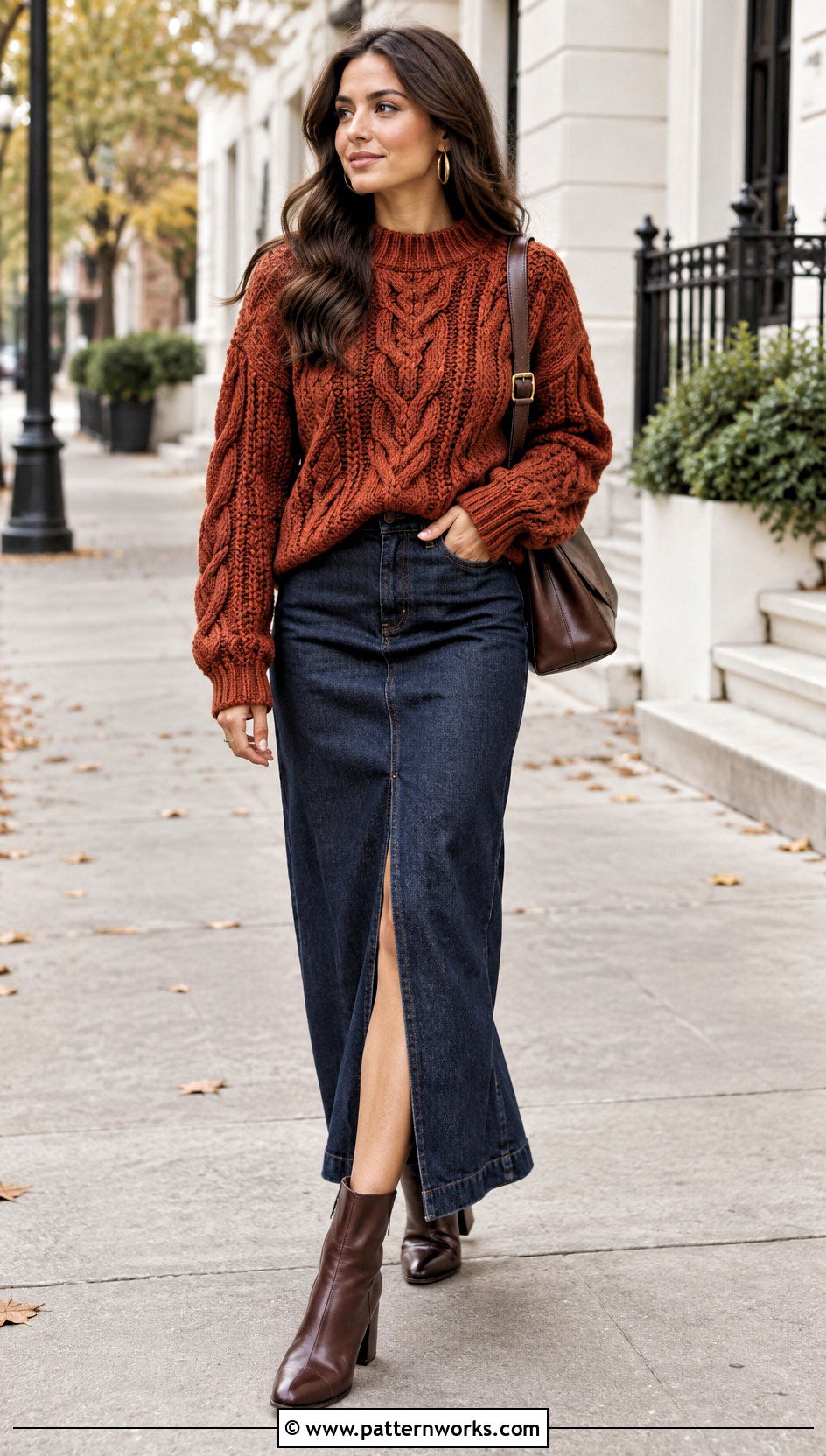 Chunky Fisherman Crochet Sweater With Denim Maxi Skirt - 24 Fisherman Crochet Sweater outfit ideas