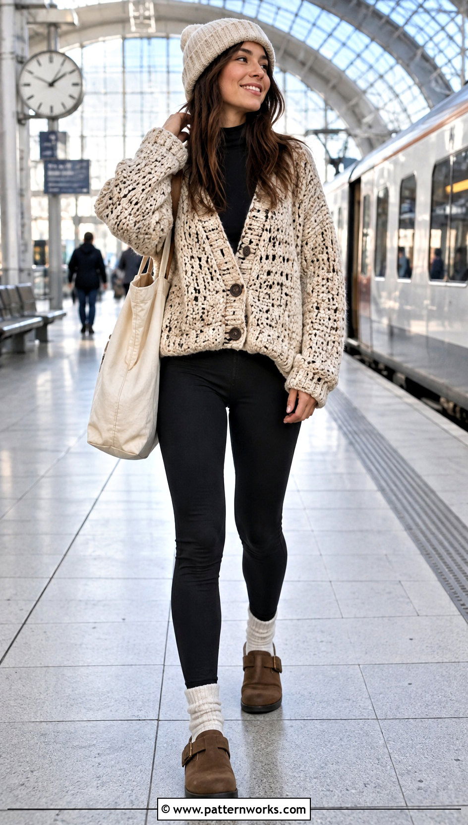 Chunky Grandpa Crochet Sweater With Leggings And Clogs - 18 Grandpa Crochet Sweater outfit ideas