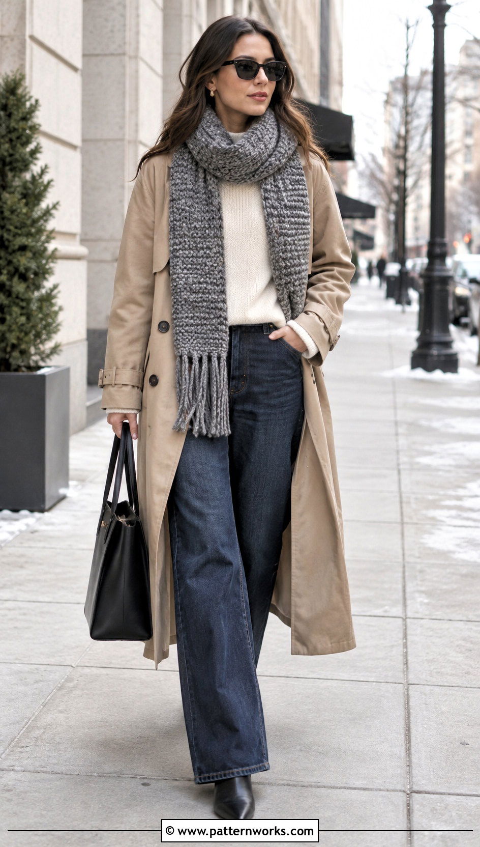 Chunky Gray Crochet Scarf With Trench Coat And Wide Leg Jeans - 18 Chunky Gray Crochet Scarf outfit ideas