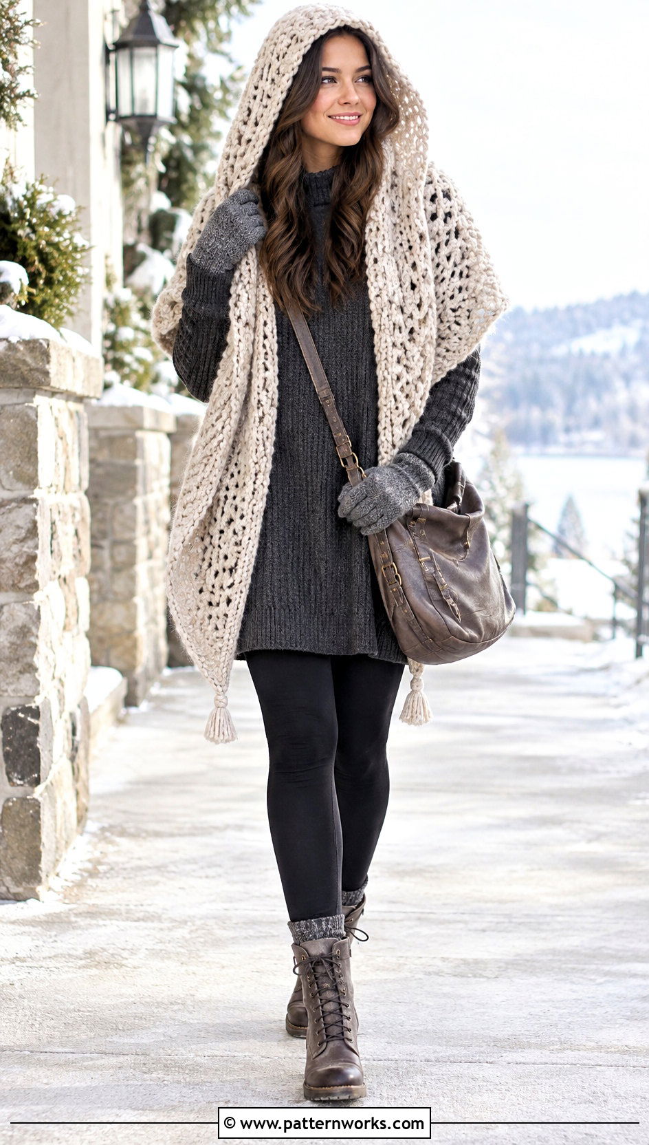 Chunky Hooded Triangle Crochet Shawl With Leggings - 24 Hooded Triangle Crochet Shawl outfit ideas