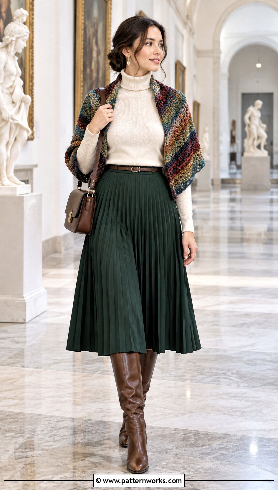 Chunky Shawl With Pleated Midi Skirt - 24 Crochet Chunky Shawl outfit ideas
