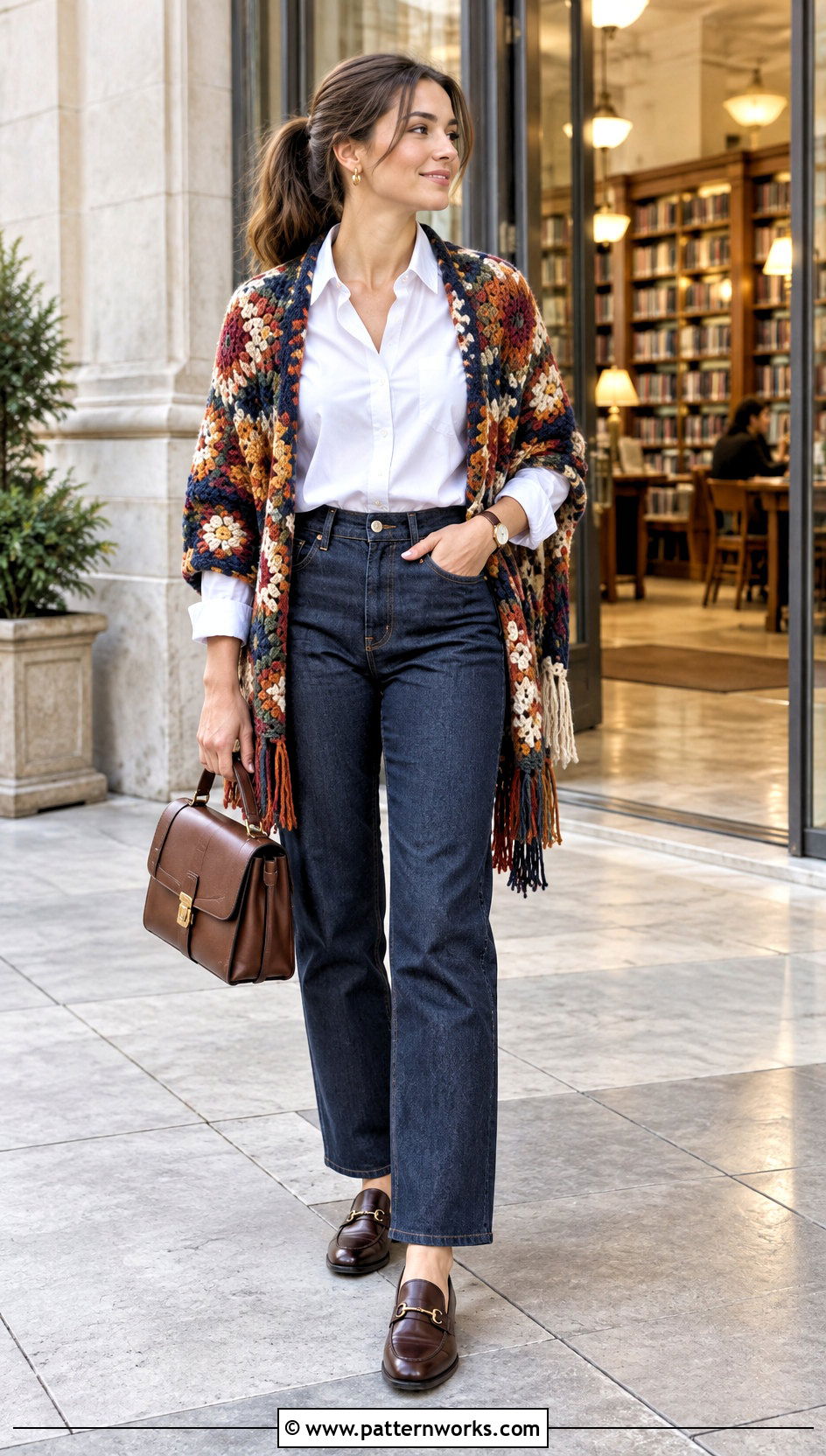 Chunky Shawl With White Shirt And Dark Jeans - 24 Crochet Chunky Shawl outfit ideas