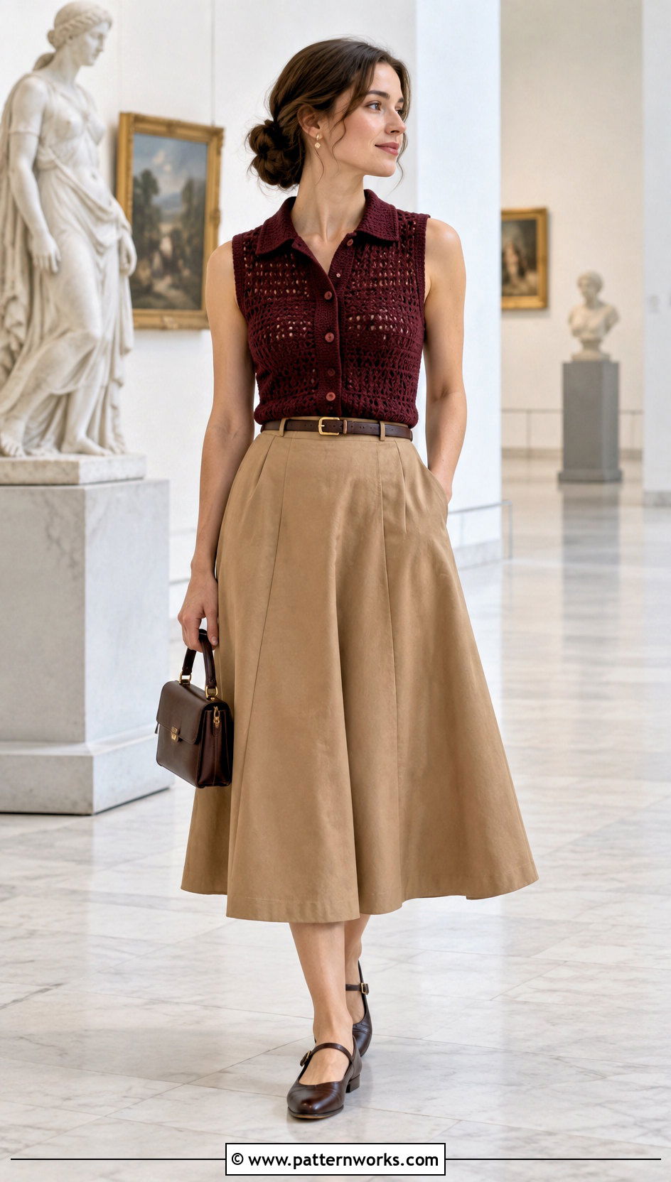 Collared Crochet Button Vest With A Line Skirt - 30 crochet button vest outfit ideas