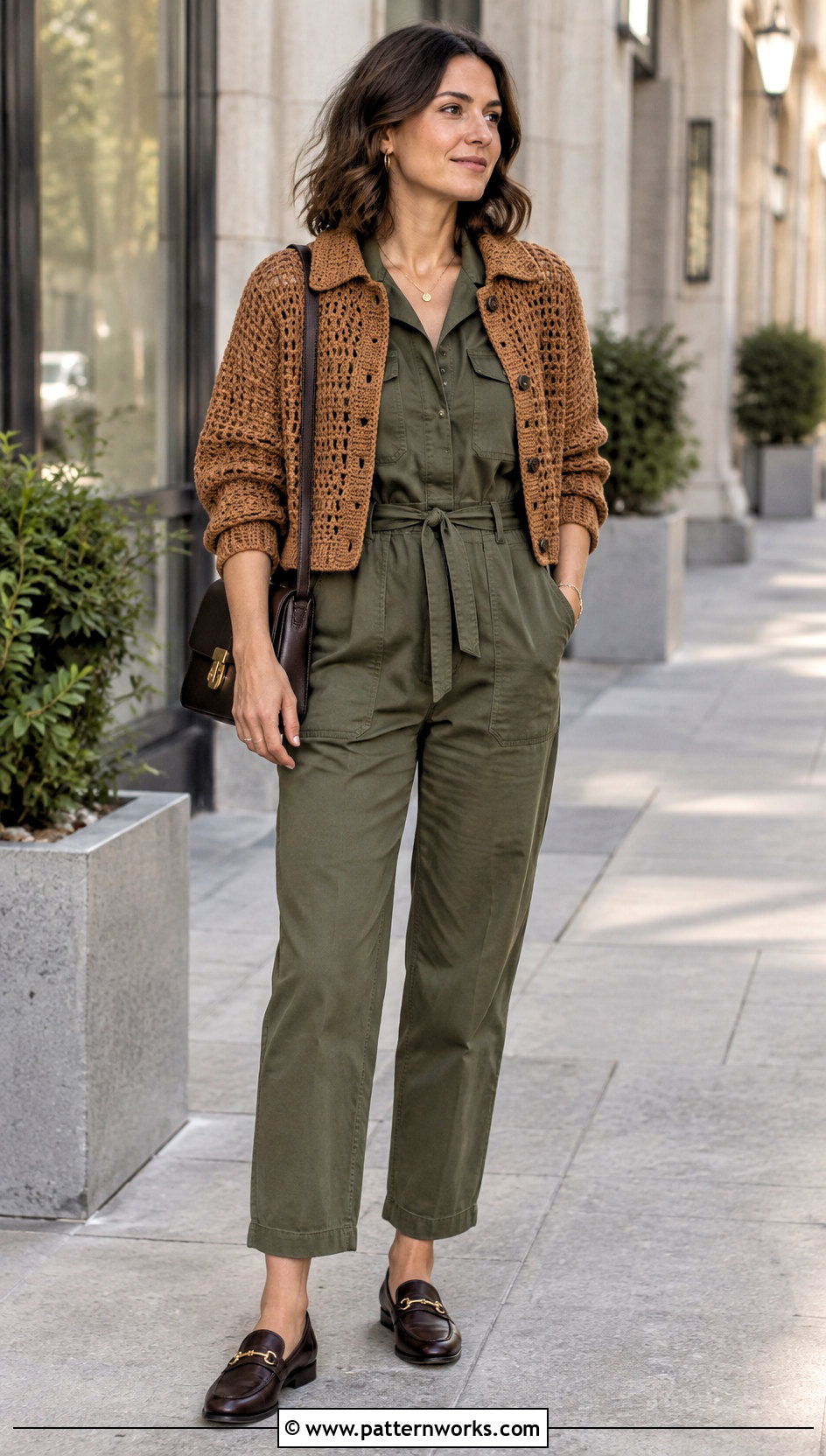 Collared Crochet Cardigan With Utility Jumpsuit - 18 Crochet Cardigan Fall Fashion and outfit ideas