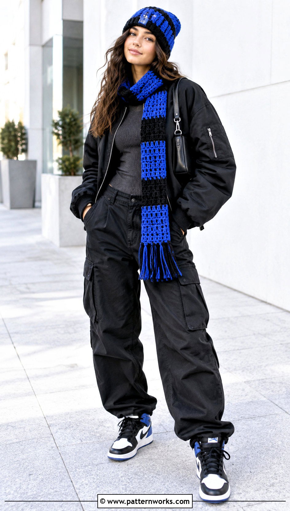Color Block Crochet Beanie And Scarf Set With Bomber Jacket - 24 crochet beanie and scarf set outfit ideas