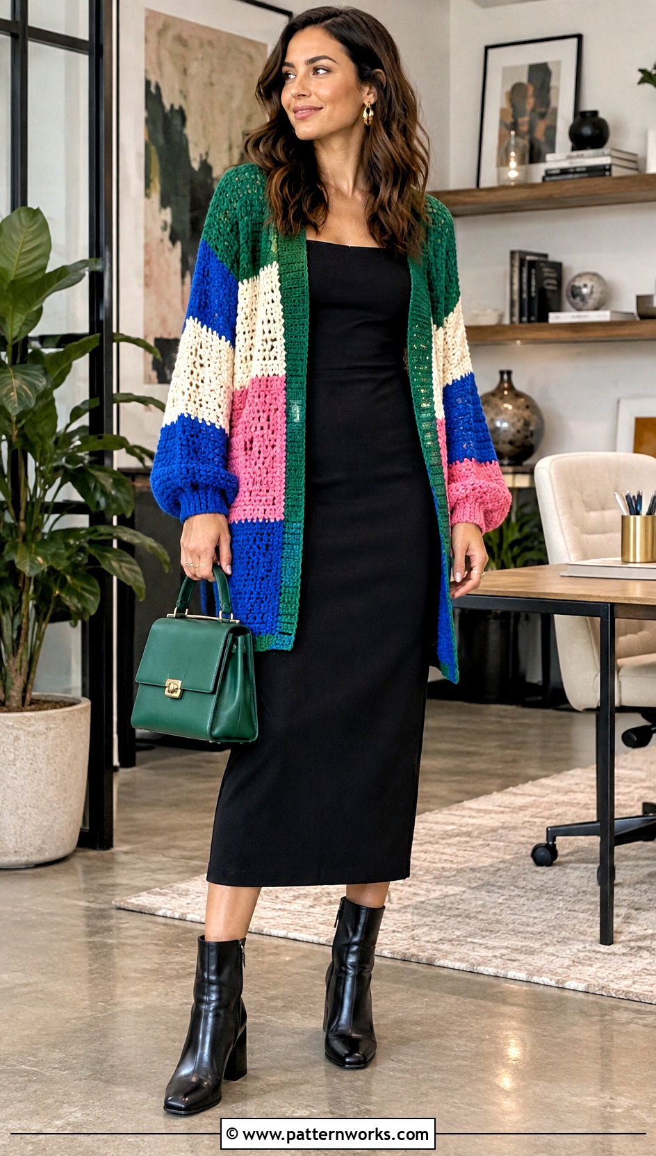 Color Block Crochet Cardigan With Column Dress - 24 Color Block Crochet Sweater outfit ideas