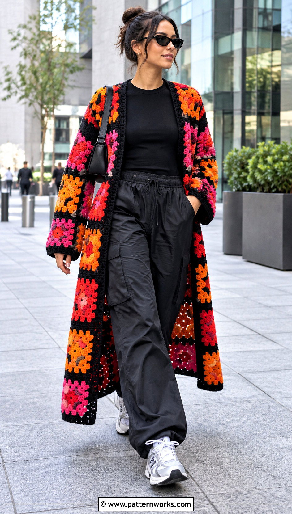 Color Block Crochet Duster With Parachute Pants - 24 crochet long cardigan sweater coats outfit ideas