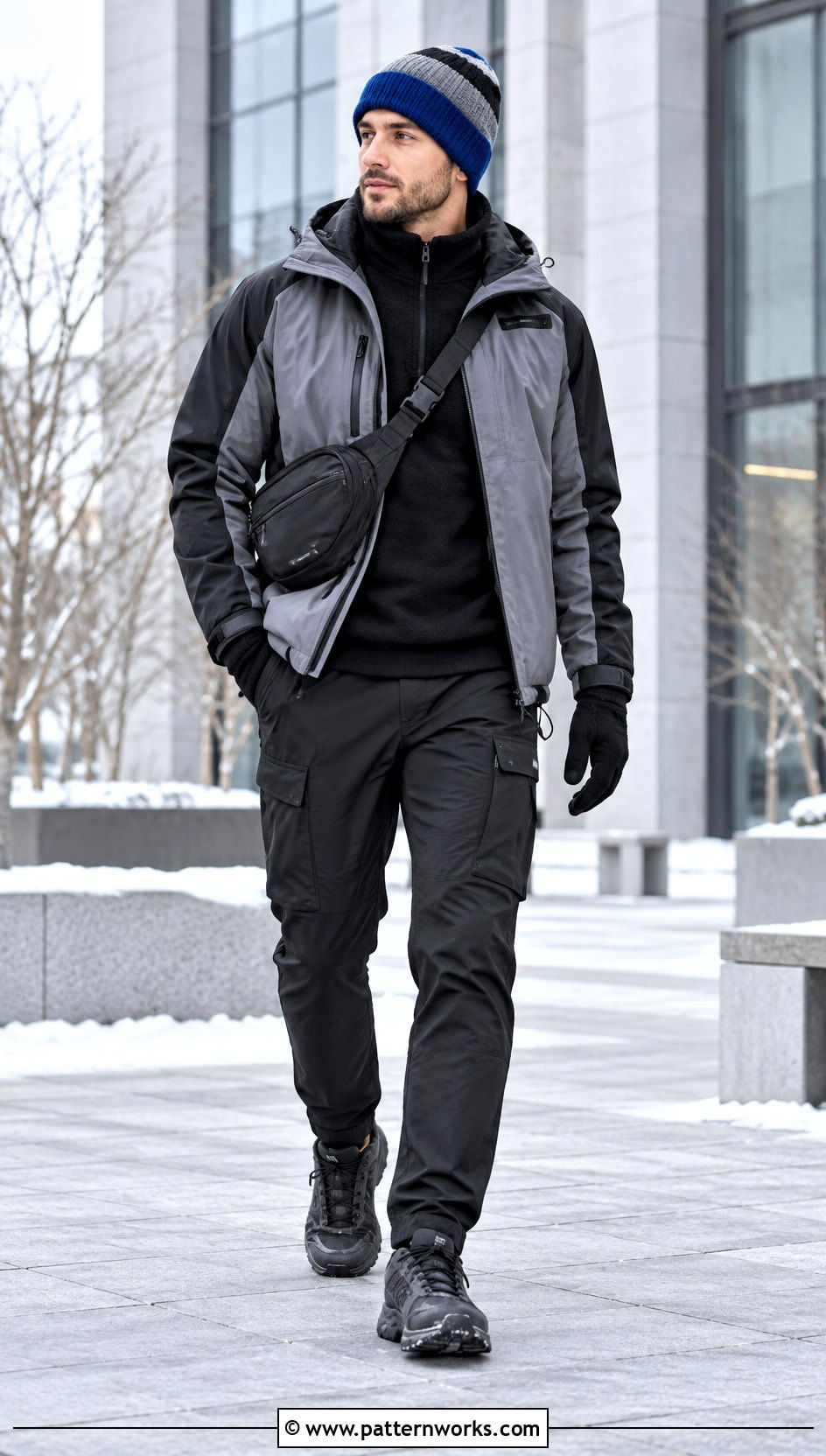 Color Block Crochet Hat With Technical Jacket - 24 Crochet Mens Winter Hat outfit ideas