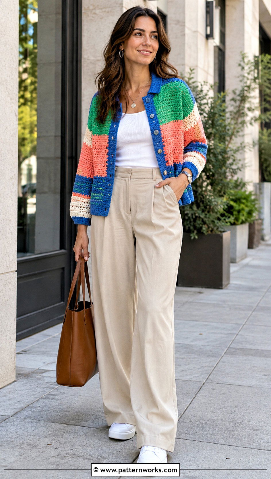 Color Block Crochet Jacket With Neutral Pants - 30 crochet jacket outfit ideas