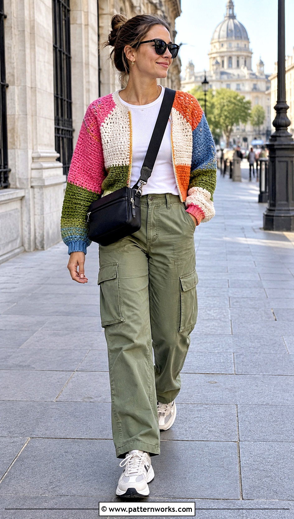 Color Block Crochet Raglan Sweater With Cargo Pants - 30 crochet raglan sweater outfit ideas