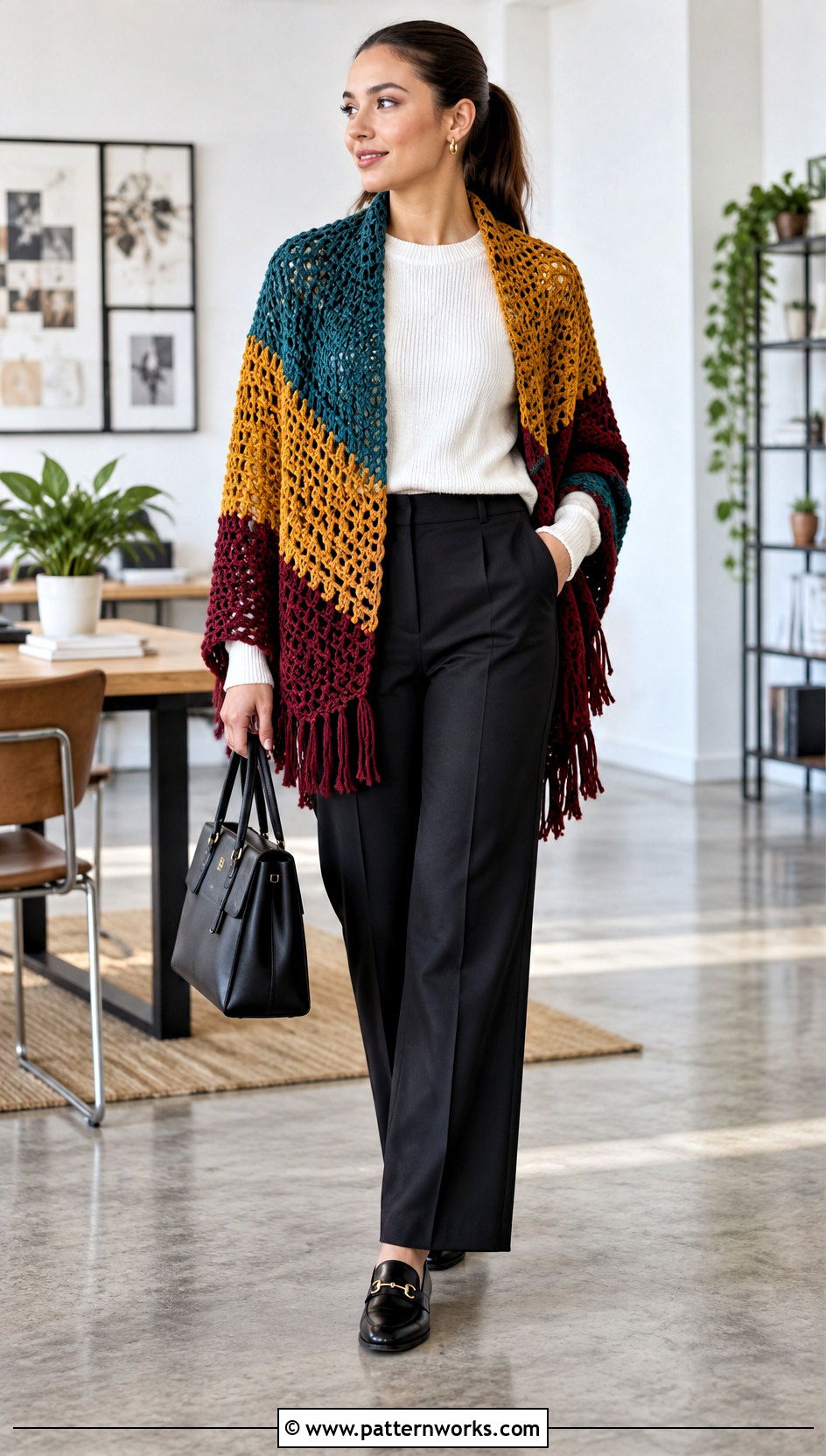 Color Block Crochet Shawl With Neutral Outfit - 18 Crochet Shawl Worsted Weight Yarn outfit ideas