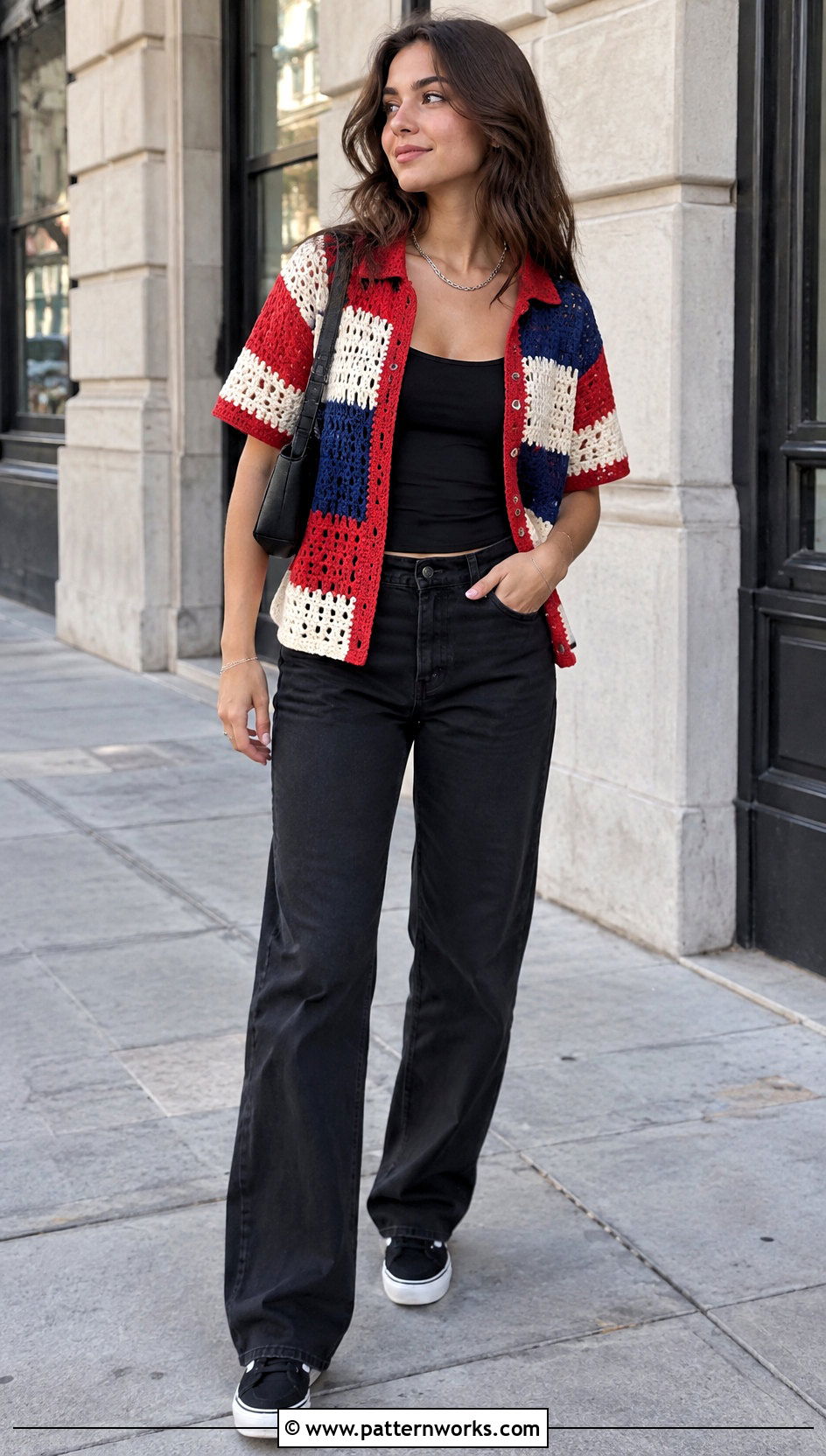 Color Block Crochet Shirt Outfit With Black Jeans - 30 crochet unisex shirt outfit ideas