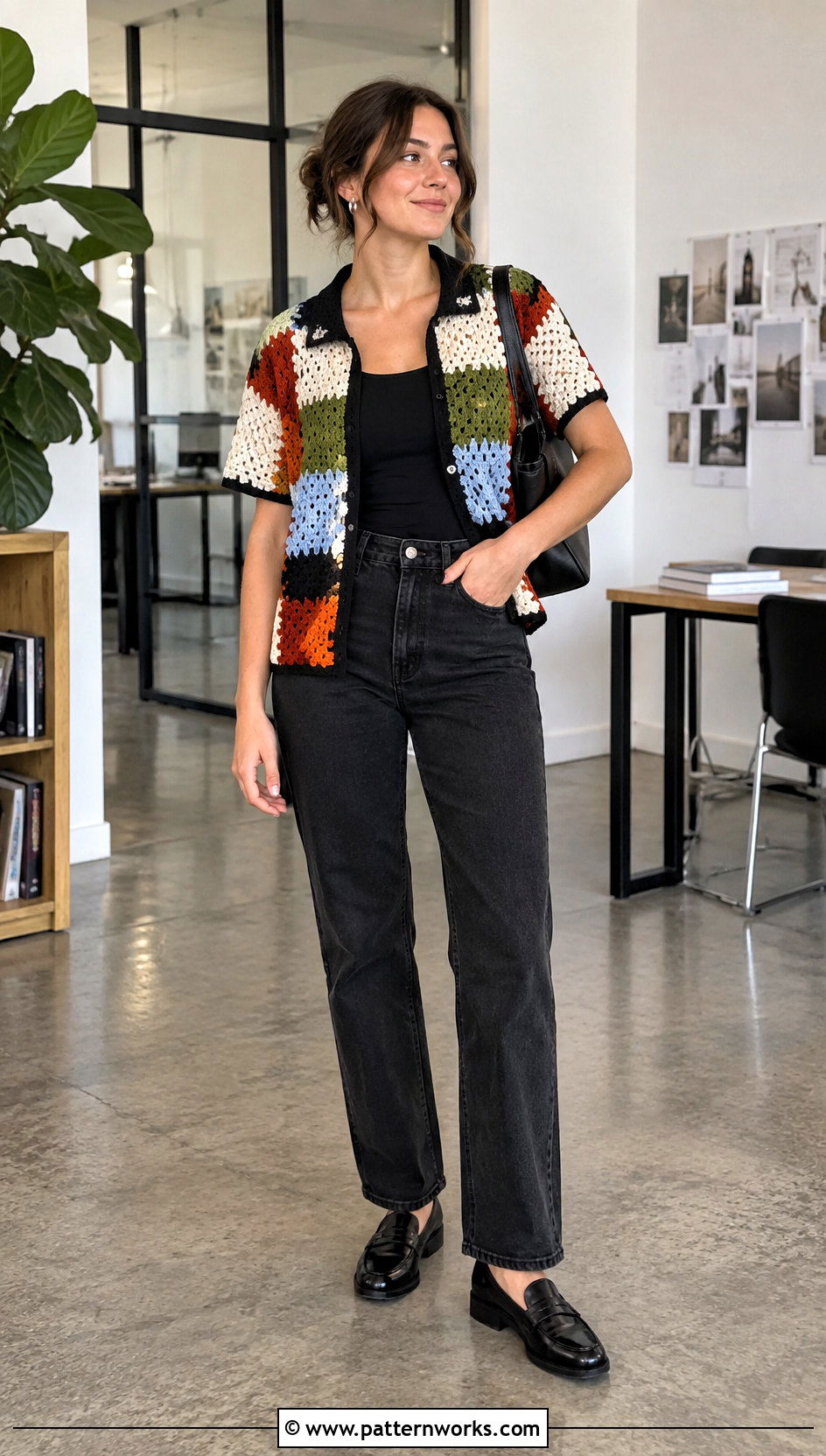 Color Block Crochet Shirt With Black Jeans - 30 crochet shirt women outfit ideas