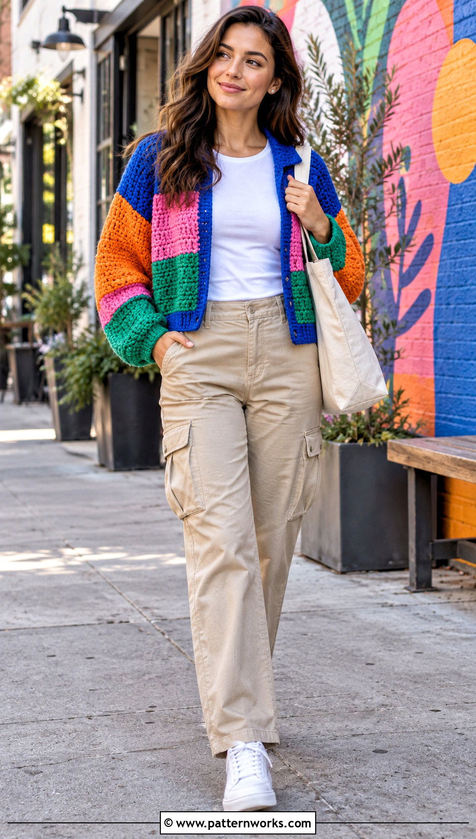 Color Block Crochet Sweater Jacket With Cargo Pants - 18 Crochet Sweater Jacket outfit ideas