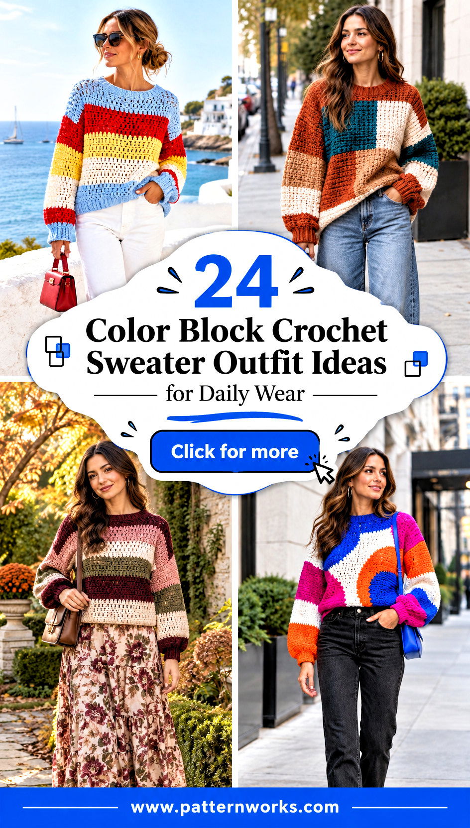 24 Color Block Crochet Sweater Outfit Ideas for Daily Wear - 24 Color Block Crochet Sweater Outfit Ideas for Daily Wear