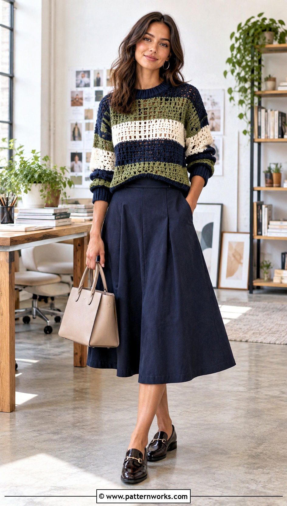 Color Block Crochet Sweater With A Line Skirt - 24 crochet sweater and skirt outfit ideas