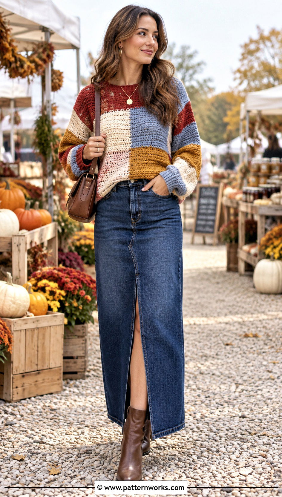 Color Block Crochet Sweater With Denim Maxi Skirt - 24 Color Block Crochet Sweater outfit ideas