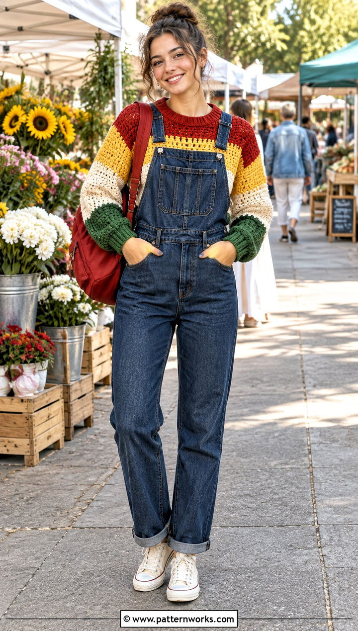 Color Block Crochet Sweater With Denim Overalls - 24 Color Block Crochet Sweater outfit ideas